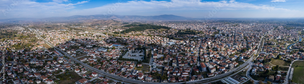 Aerial view around the city Trikala in Greece on a sunny day in autumn	