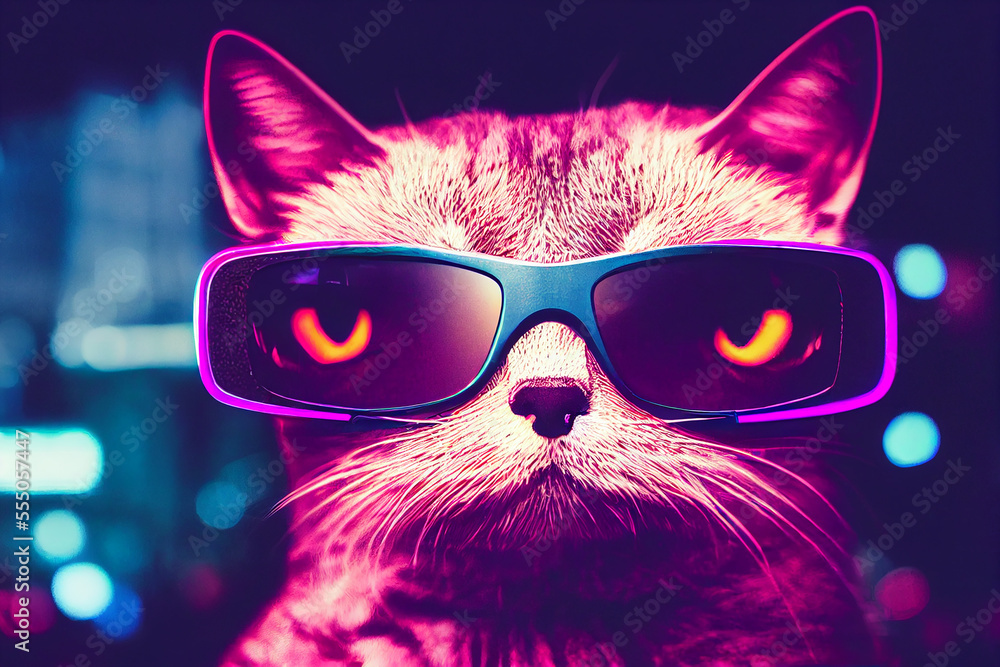 Futuristic cat with smart glasses at neon colored downtown city