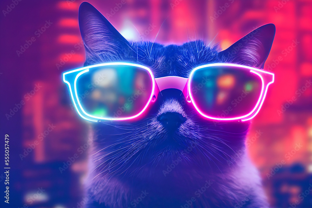 Futuristic cat with smart glasses at neon colored downtown city