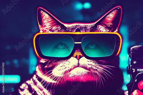 Futuristic cat with smart glasses at neon colored downtown city