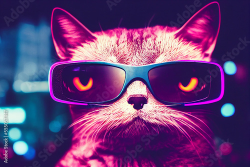 Futuristic cat with smart glasses at neon colored downtown city © surassawadee