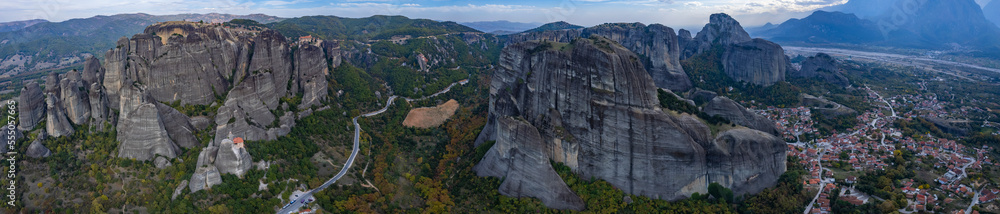 Aerial view around Meteora, Kalabaka, Monastère on a sunny day in Greece