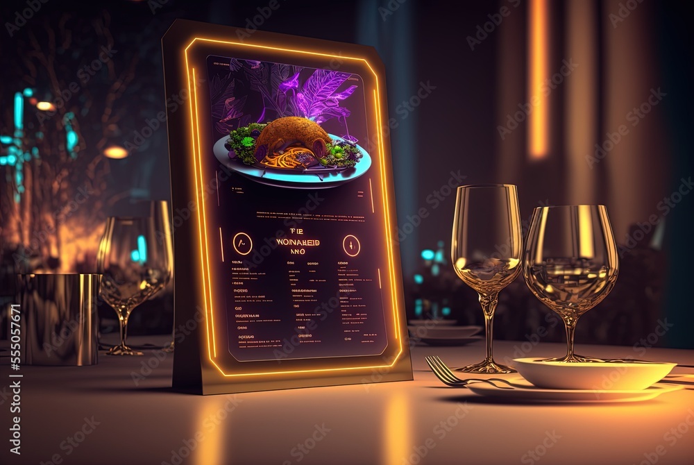 illustration of futuristic restaurant with hologram or smart panel  interface for customer to use Illustration Stock | Adobe Stock
