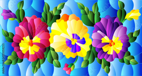 Illustration in stained glass style with flowers, buds , leaves and flowers of pansy on a blue background