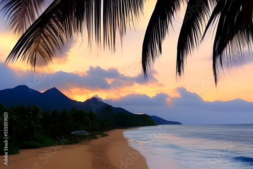 Sunset on a sandy sea beach overlooking coconut trees and mountains made with Generative AI