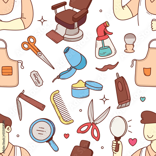 Barbershop tools and equipments seamless pattern doodle hand drawn