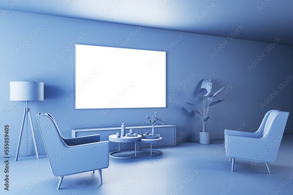 Perspective view on blank white TV screen with space for your logo or text on blue wall background in stylish living room with coffee table, vintage armchairs and flower in a pot. 3D rendering, mockup Perspective view on blank white TV screen with space for your logo or text on blue wall background in stylish living room with coffee table, vintage armchairs and flower in a pot. 3D rendering, mockup
