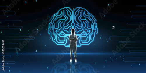 Hacker with folded arms and abstract glowing human brain hologram on blurry background. Neurology research, hacking, data theft and artificial intelligence concept.