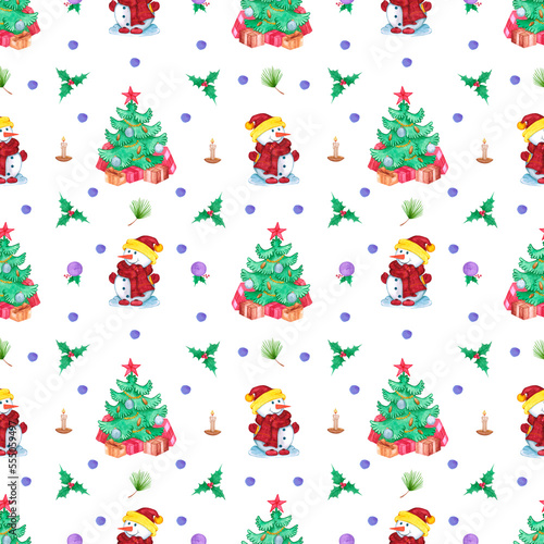 Hand drawn watercolor christmas tree and snowman seamless pattern on white background. Christmass and New Year symbol, decorative element. Scrapbook, poster, textile, banner, post card.