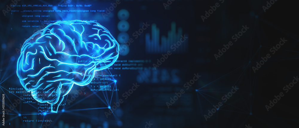 Artificial intelligence and brainstorming idea concept with digital glowing blue human brain with convolutions on dark technological background with place for advertising poster. 3D rendering, mock up - obrazy, fototapety, plakaty 