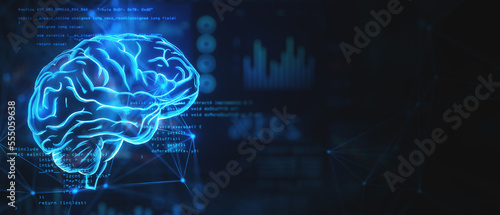 Artificial intelligence and brainstorming idea concept with digital glowing blue human brain with convolutions on dark technological background with place for advertising poster. 3D rendering, mock up