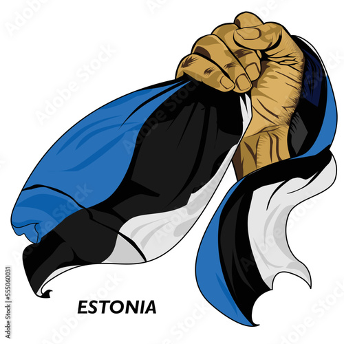 Fisted hand holding Estonian flag. Vector illustration of Hand lifted and grabbing flag. Flag draping around hand. Eps format