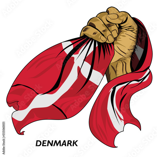 Fisted hand holding Danish flag. Vector illustration of Hand lifted and grabbing flag. Flag draping around hand. Eps format