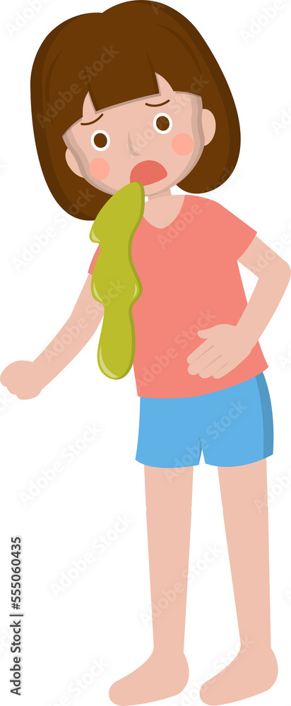 Woman vomiting, illness, abdominal pain, cartoon comic character vector Woman vomiting, illness, abdominal pain, cartoon comic character vector