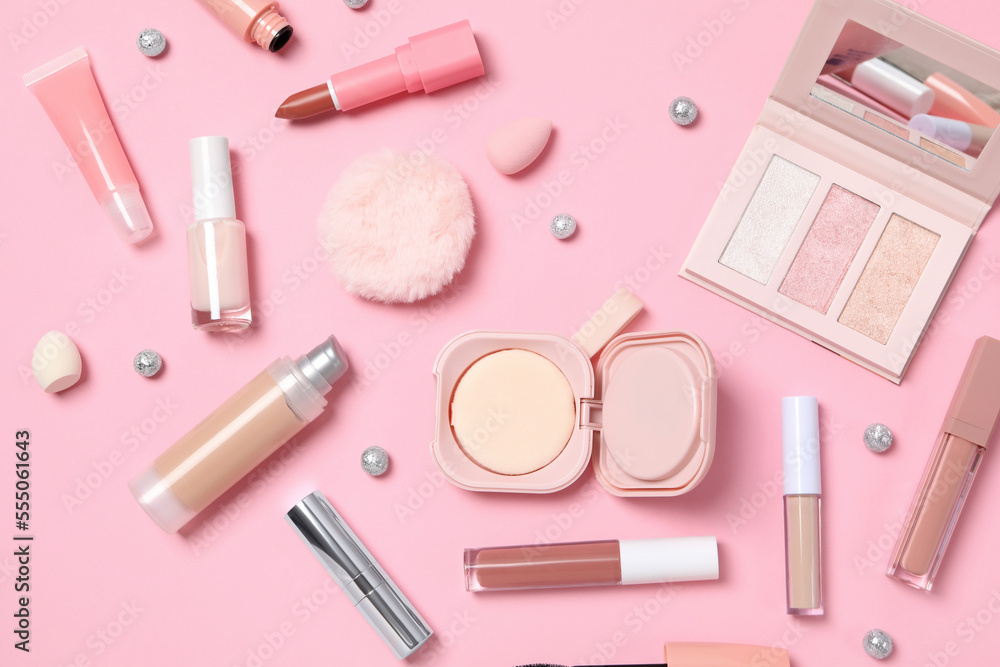 Concept of female accessories, different cosmetics, top view Concept of female accessories, different cosmetics, top view