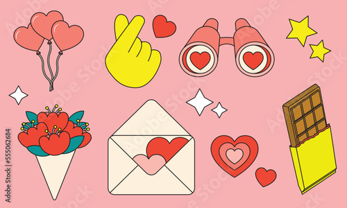 Collections of Love for Valentines day. Set of cute vector love stickers and decoration items for daily planner and diary. Heart  romantic gifts  and love sign symbol
