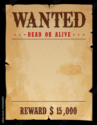 Western wanted banner. Dead or alive vintage poster. Outlaw or criminal hunter reward, Wild West sheriff award, law and justice vector frame or paper banner with torn and ripped sides