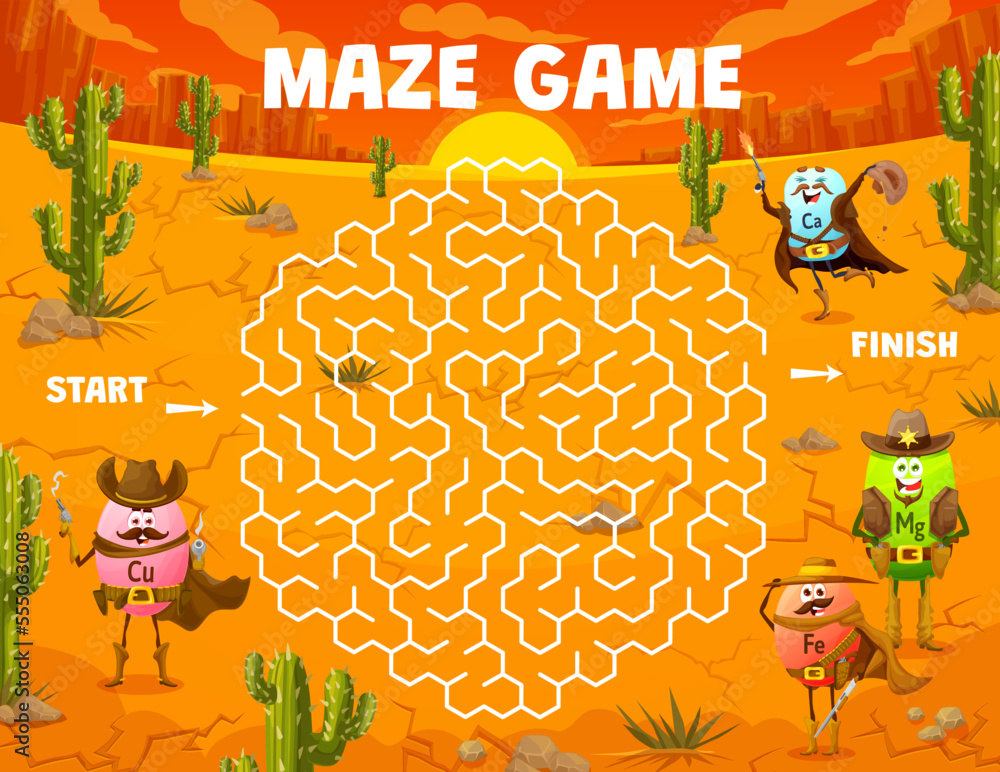 Labyrinth maze. Wild West cartoon cowboy, sheriff, bandit and robber ...