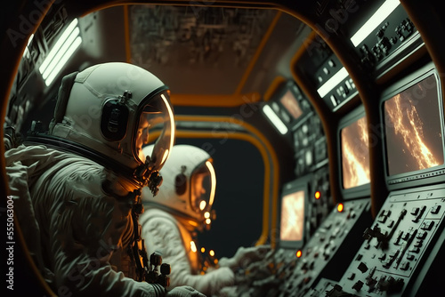 astronaut crew working inside a space shuttle. Generative AI © Kanchana