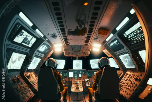 Fotobehang astronaut crew working inside a space shuttle. Generative AI