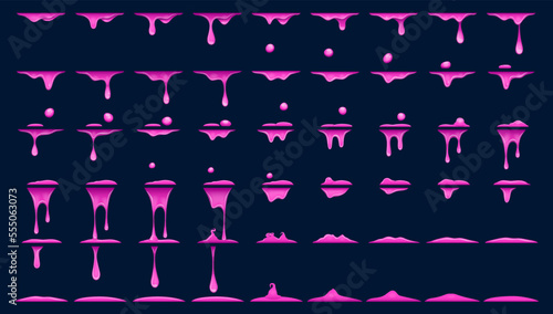 Purple slime animation, animated sprite of pink dripping goo. Cartoon vector liquid jam, mucus or phlegm sprite sheet fx effect, toxic splash drops sequence frame. Splatters of magic potion motion