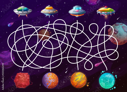Labyrinth maze. Help to UFO find a space planet. Children labyrinth maze, find way playing activity vector worksheet, search path quiz with alien starships, flying sauces and space fantastic planets