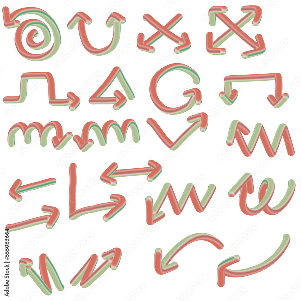 3D Arrow set. Collection of different colorful, spiral, round, straight, zigzag, down, up, right, left and diagonal arrows on white background. 3d icons set for app, web and music digital design. 3D Arrow set. Collection of different colorful, spiral, round, straight, zigzag, down, up, right, left and diagonal arrows on white background. 3d icons set for app, web and music digital design.