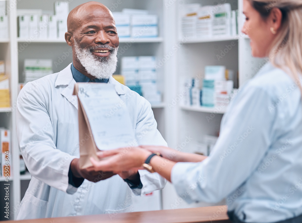 Consulting, medicine and pharmacy with black man and customer for healthcare, help or prescription. Shopping, retail and pills with pharmacist and patient for medical, wellness or medication checkout