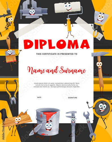 Kids builder diploma, cartoon construction and diy tool characters. Profession achievement certificate or work appreciation vector diploma with vice, hammer, cutters and wrench, paint brush and bucket
