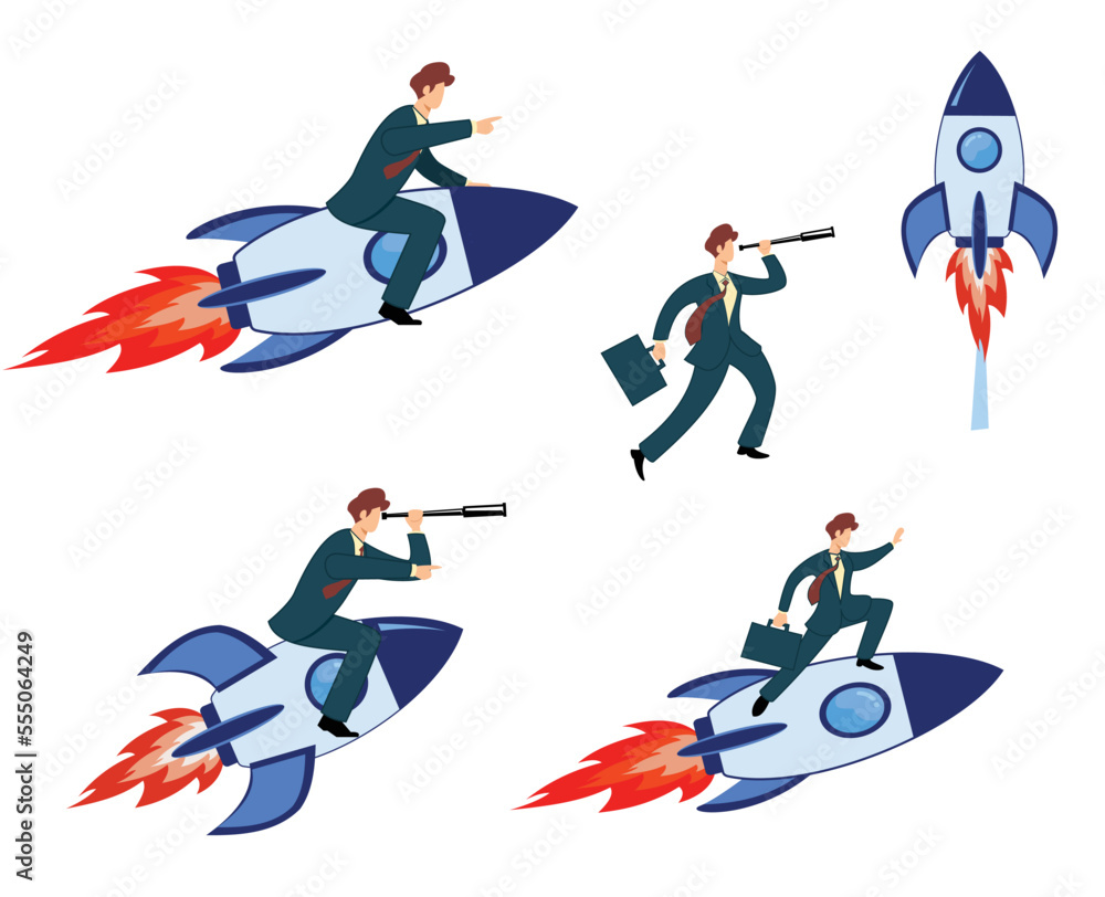 various poses of businessman riding a rocket. businessman on rocket. flat vector cartoon illustration businessman on rocket