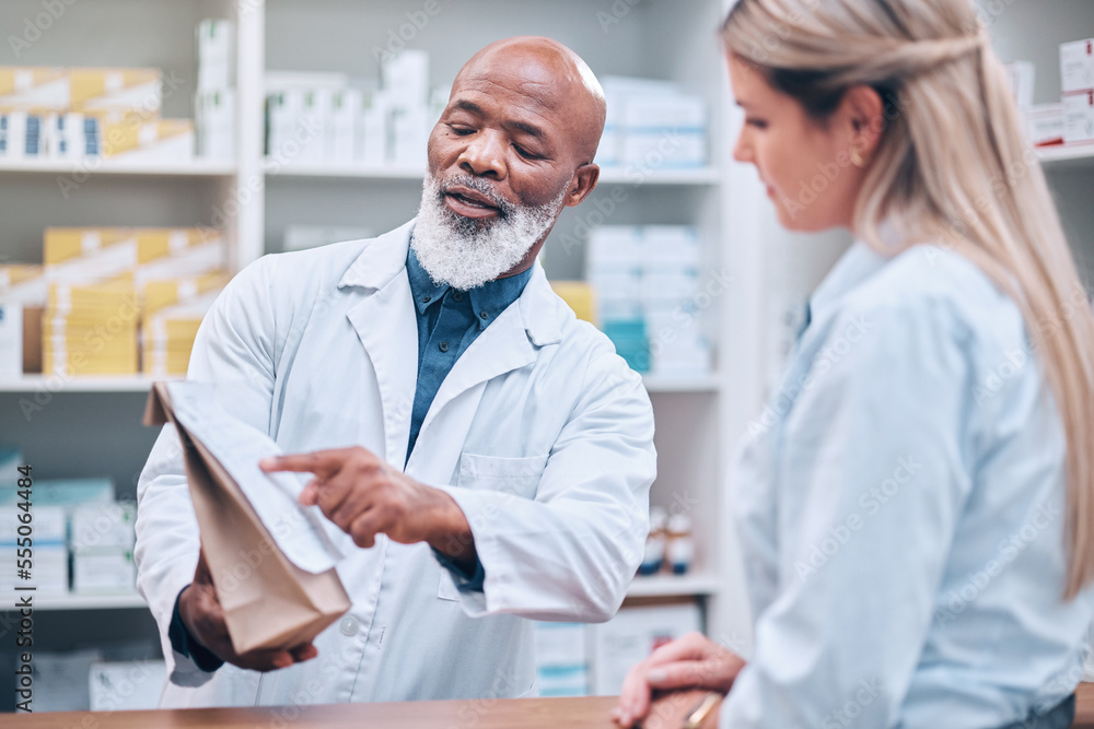 Pharmacist, medicine and help for woman customer at the counter for pills, help and information on treatment. Pharmacy, consulting and girl asking questions from healthcare worker, advice and trust Pharmacist, medicine and help for woman customer at the counter for pills, help and information on treatment. Pharmacy, consulting and girl asking questions from healthcare worker, advice and trust