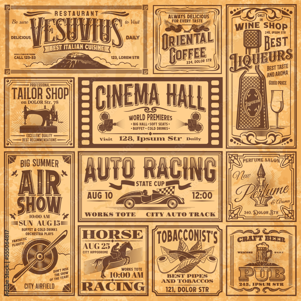 Vintage newspaper banners, old advertising. Vector ads for italian restaurant, coffee, wine and tailor shop. Cinema hall, air show, auto and horse racing, tobacco products and craft beer with perfume