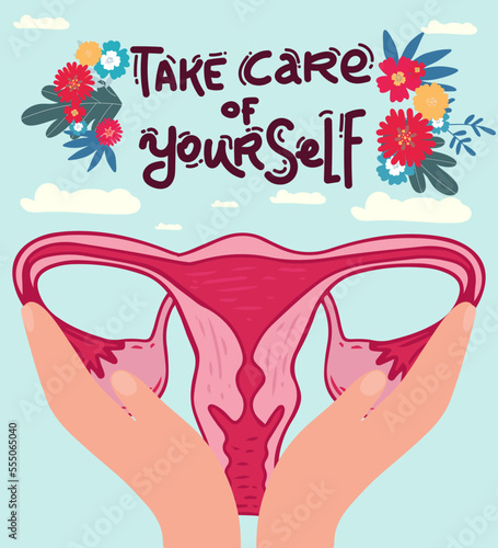 Women health - Floral of Polycystic ovary syndrome. Patient-friendly scheme of PCOS, Multifollicular cyst. Gynecological problems - Neutral medical diagram uterus and uterine appendages hand drawing,