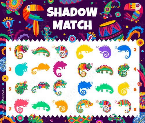 Shadow match game. Cartoon mexican chameleon lizards, Brazil or Mexican jungle reptile, funny colorful animals silhouettes on kids matching game, children puzzle or image compare quiz vector worksheet