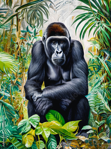 Painting of a gorilla ape in the jungle  Generative AI