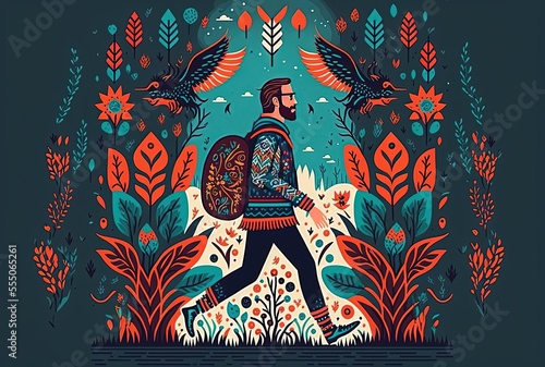 Norwegian folk art style illustration of a backpacker on his travel, idea for digital nomad theme, photo