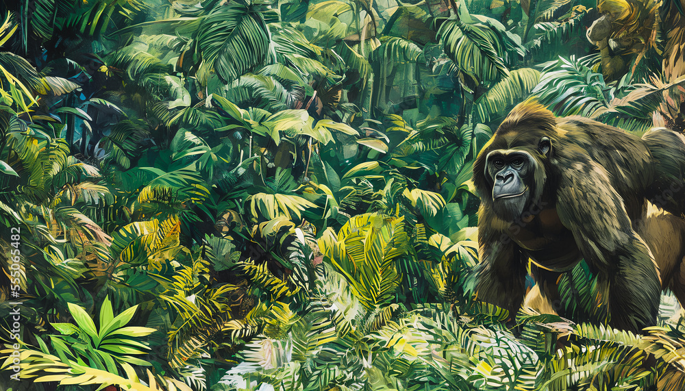 Obraz premium Painting of a gorilla ape in the jungle, Generative AI