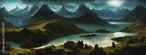 Painting of a misty glacial landscape, mountains over the lake, Generative AI