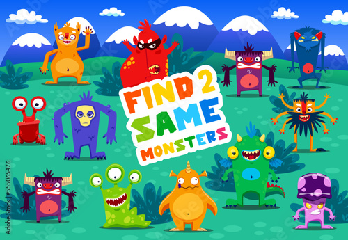 Find two same cartoon monster characters. Educational vector kids quiz with funny colorful fluffy and toothy aliens or mutant personages on green field. Children riddle, activity for mind development