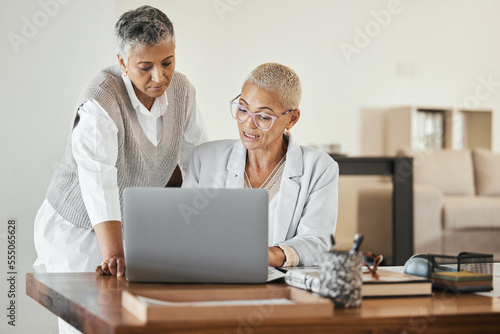 Laptop, office and senior business women in collaboration planning a corporate project together. Teamwork, professional and elderly manager helping a mature employee with a report in the workplace.