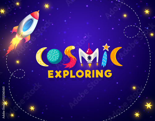 Cartoon space landscape background with rocket and stars. Vector design for kids with flying shuttle and creative childish typography cosmic exploring in purple starry sky. Universe investigation