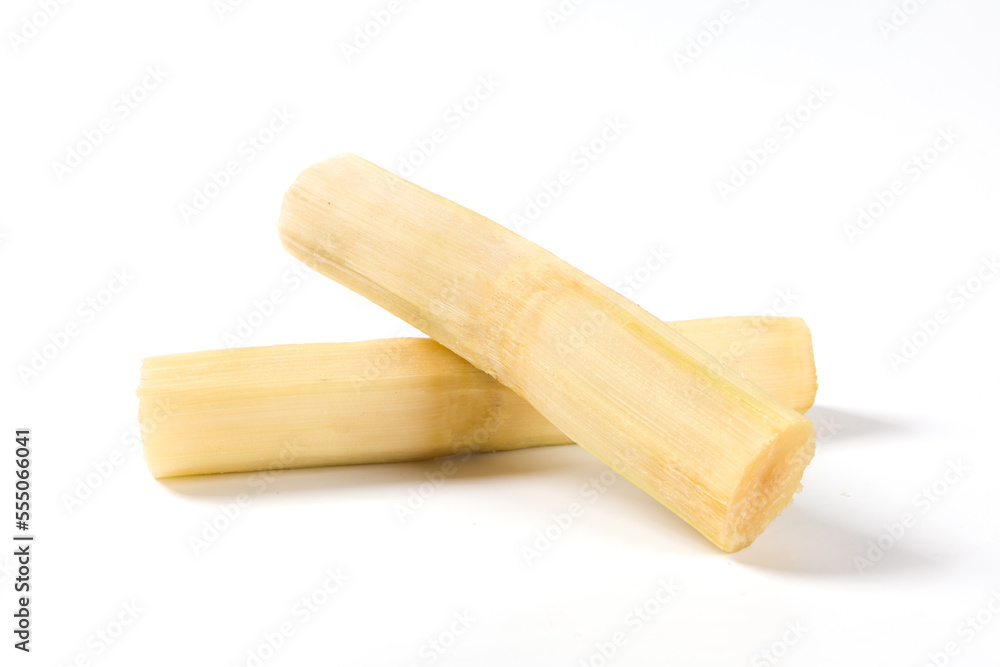 fresh sugarcane with cut pieces isolated on white background. fresh sugarcane with cut pieces isolated on white background.