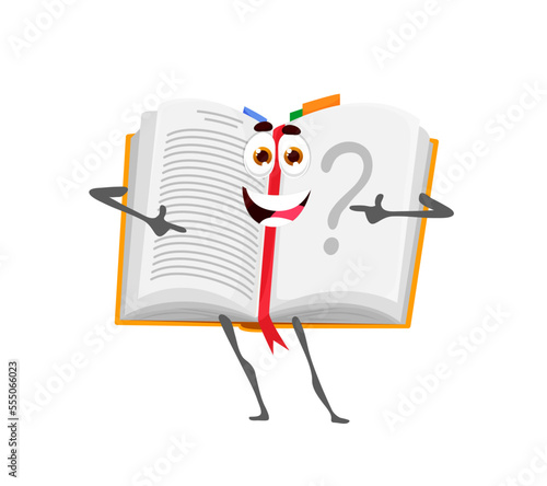Cartoon school textbook book character. Back to school, kids education and learning, literature and reading cheerful personage, isolated vector funny book, diary or notebook