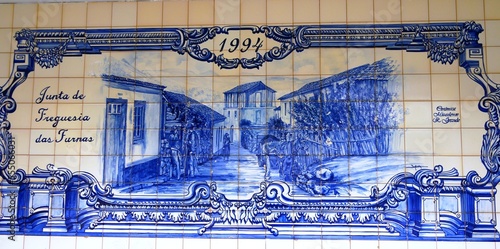 Azulejos, céramique bleue de la ville de Furnas sur l'île de Sao Miguel dans l'archipel des Açores au Portugal. Europe