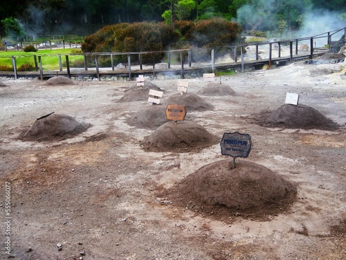 Cuisson du plat typique local, les cozido das Furnas, ragoût portugais dans le sol volcanique de la caldeiras d'Achada de Furnas sur l'île de Sao Miguel dans l'archipel des Açores au Portugal. Europe