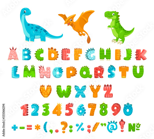 Cartoon dinosaur jurassic font, type or typeface. Dino alphabet letters. Vector letters, numbers and signs of prehistoric dinosaur animals. Funny comic colorful characters set with paws and talons