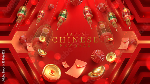 Red luxury style background with 3d realistic chinese new year ornaments with light effect decorations and bokeh.