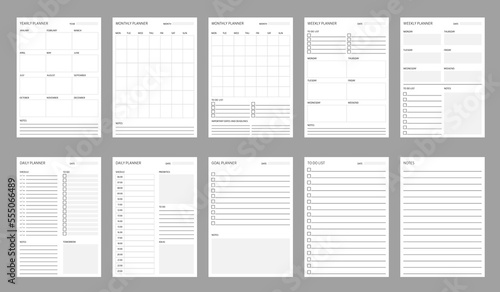 Planner schedule. Time organization and management printable timetable vector templates. Year and month calendar blank schedules, education, work or exercises weekly or daily planners with To Do list photo