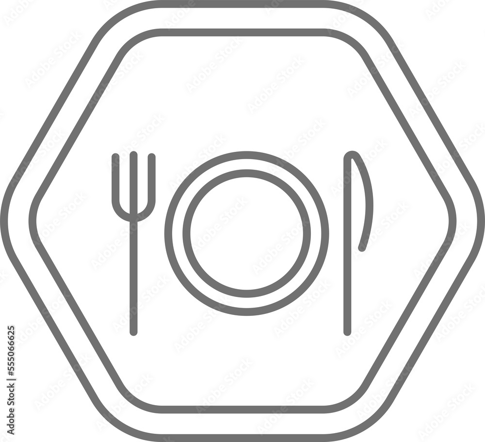 Black hexagon sign black thin line icon vector, cutlery, eating, dinner, plate Black hexagon sign black thin line icon vector, cutlery, eating, dinner, plate