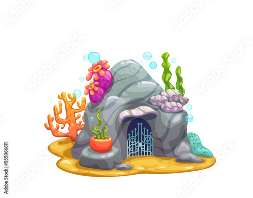 Underwater cave, grotto or mainsail house building. Vector fantasy dwelling, mermaid or fish home inside of rock with forged gates, seaweeds and colorful corals undersea vegetation on sea bottom